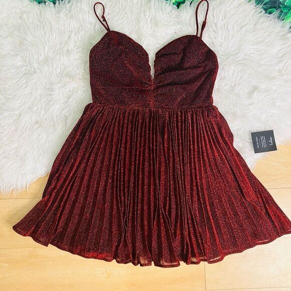 Lulus Shine Tonight Red Sparkly Pleated Skater Dress - Picture 10 of 12